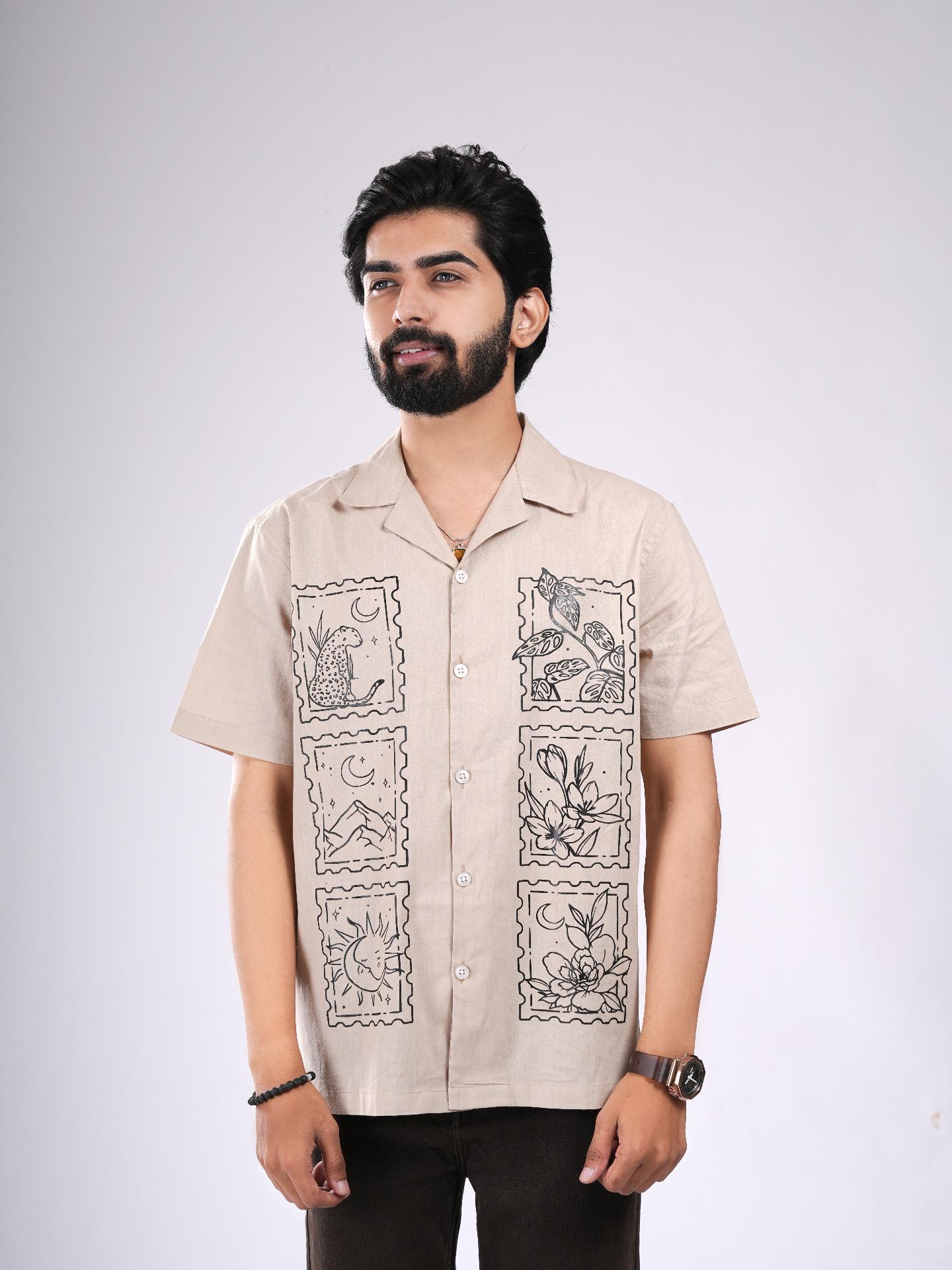 Beige Cuban Art Print Shirt