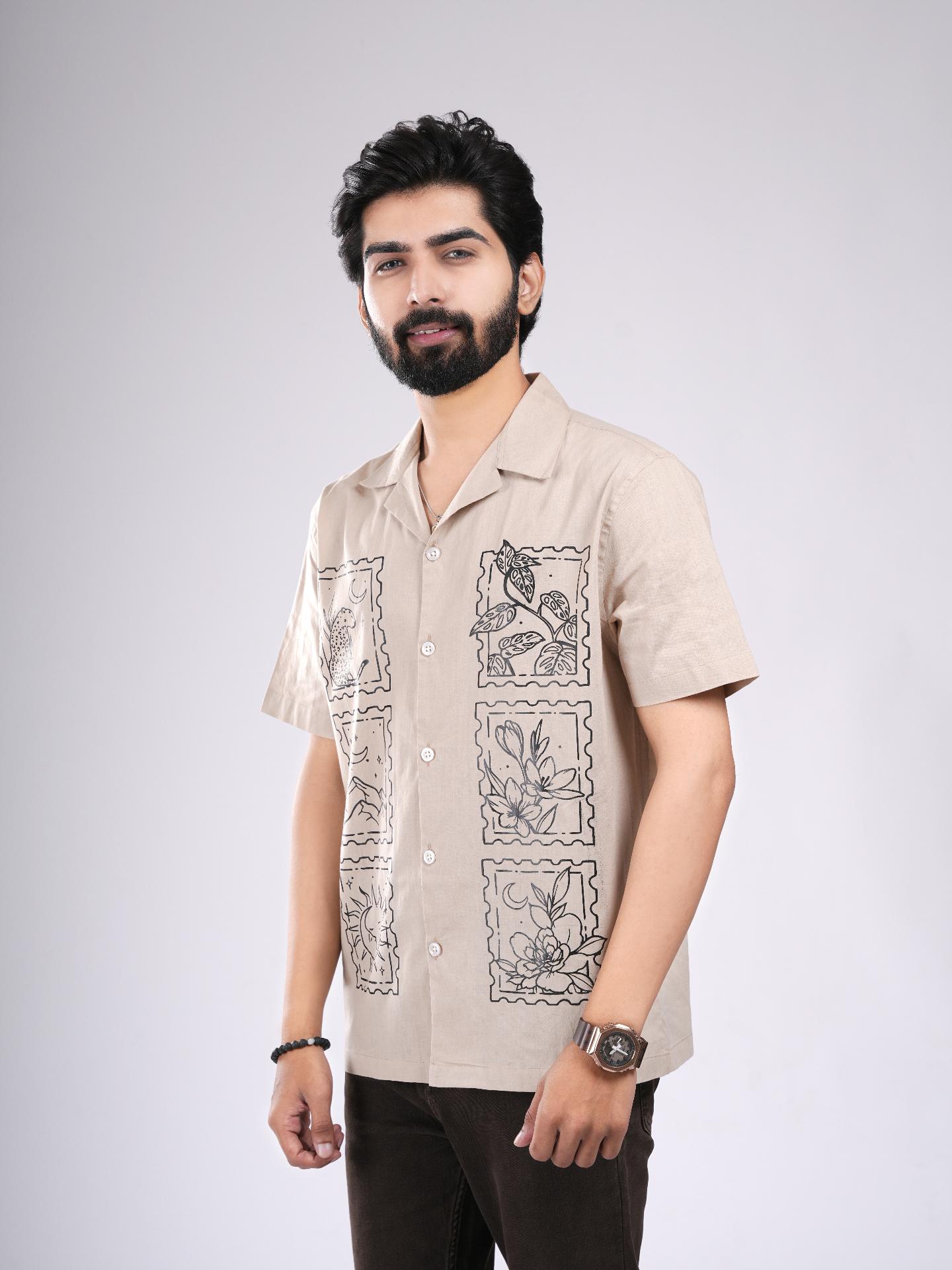 Beige Cuban Art Print Shirt