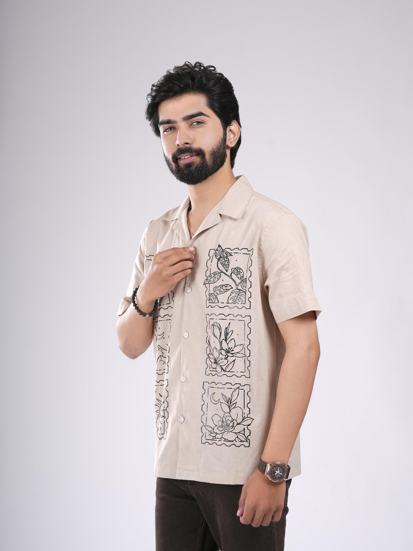 Beige Cuban Art Print Shirt