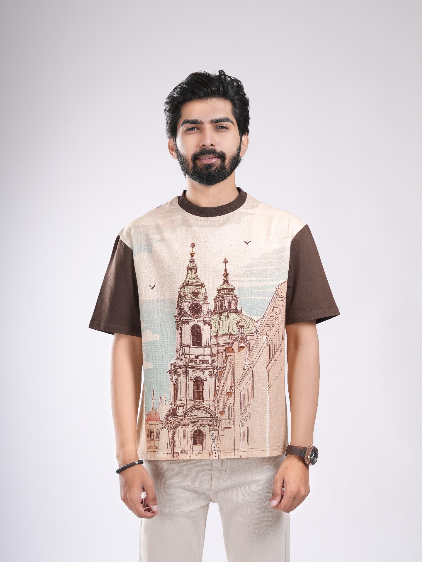 Brown & Beige Organic Cotton Architecture Print T-Shirt