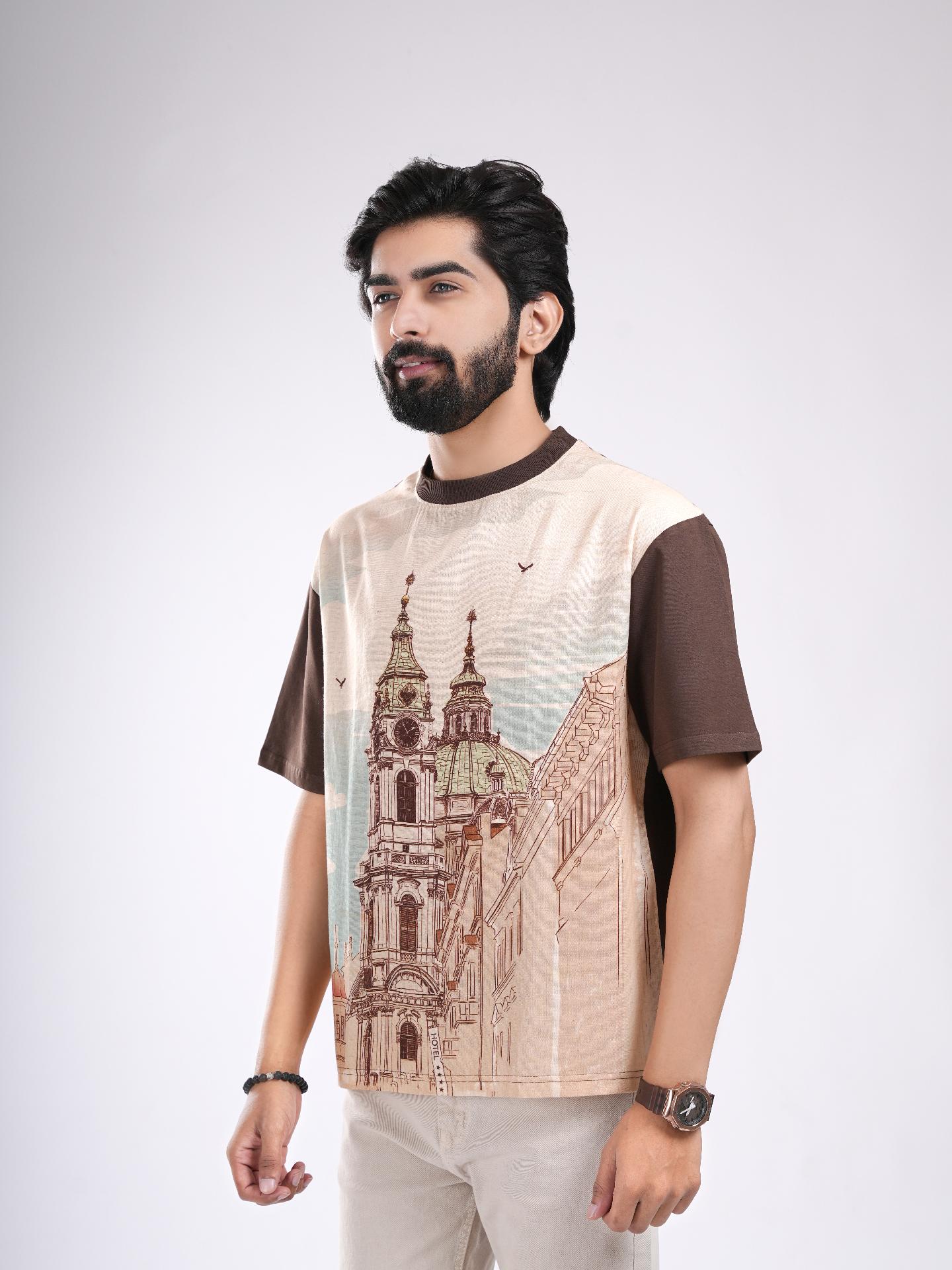 Brown & Beige Organic Cotton Architecture Print T-Shirt