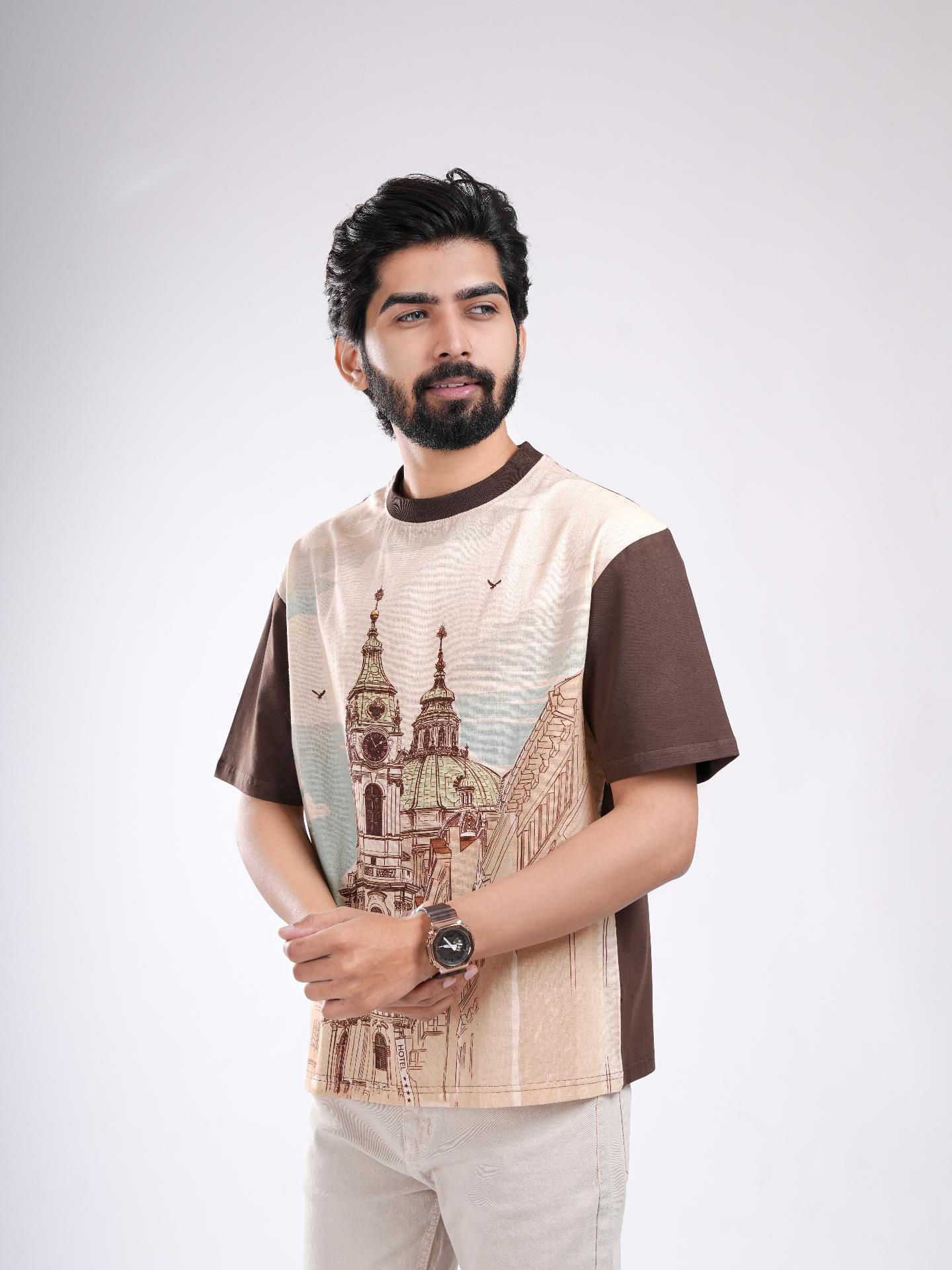 Brown & Beige Organic Cotton Architecture Print T-Shirt