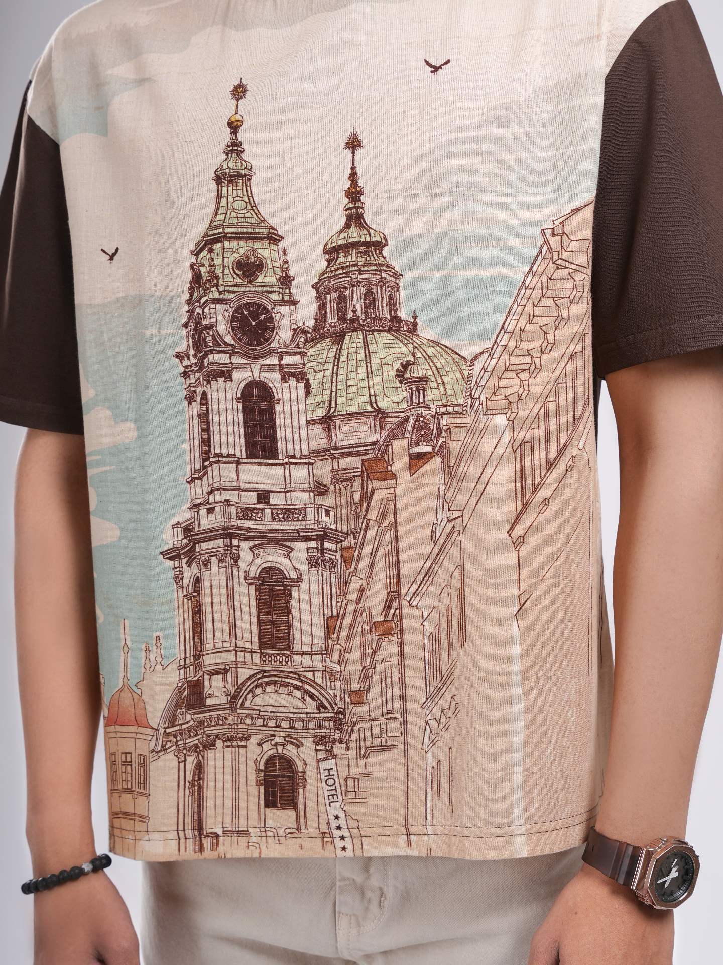 Brown & Beige Organic Cotton Architecture Print T-Shirt