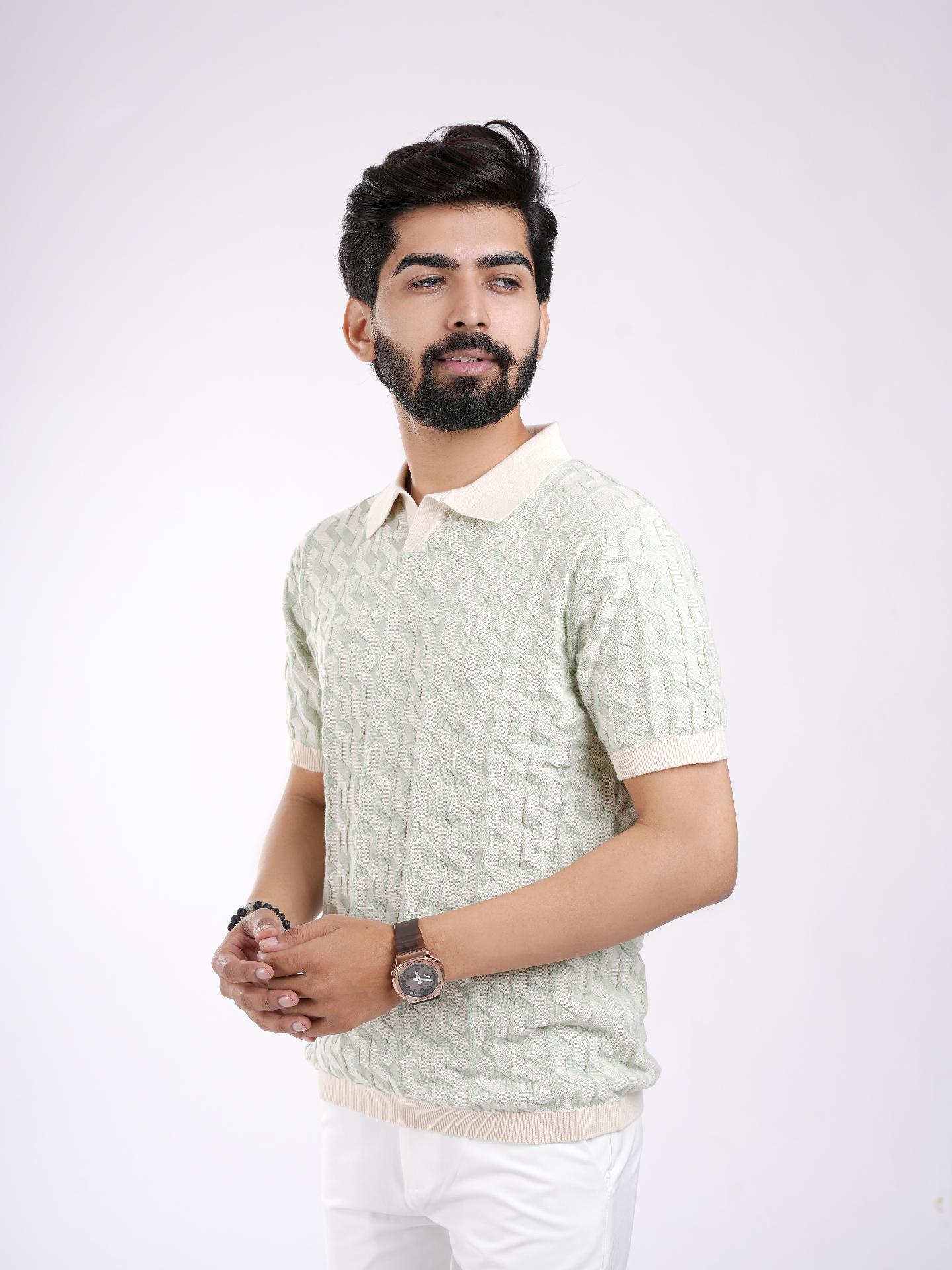 Mint Green Textured Knitted Polo T-Shirt