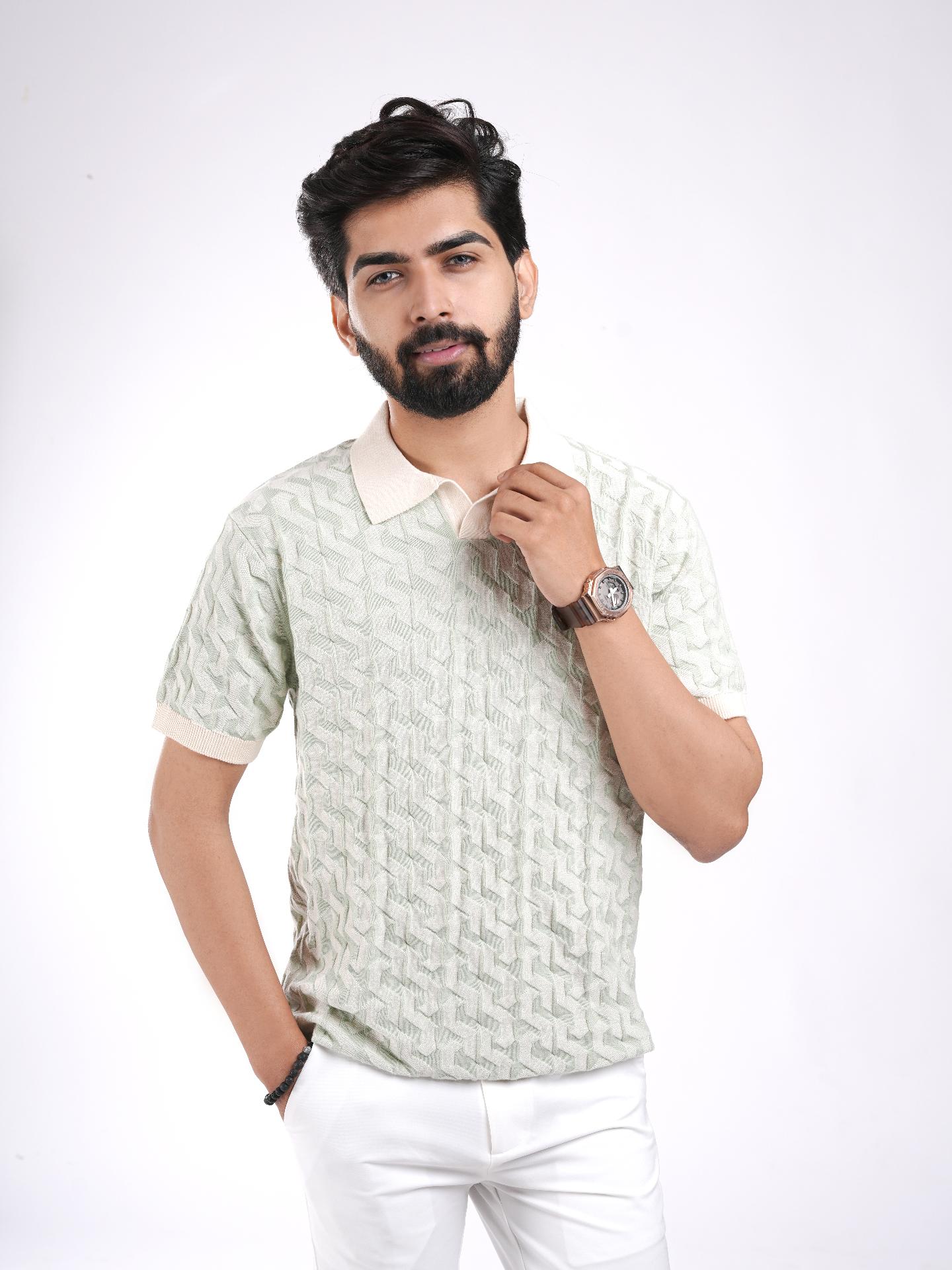 Mint Green Textured Knitted Polo T-Shirt