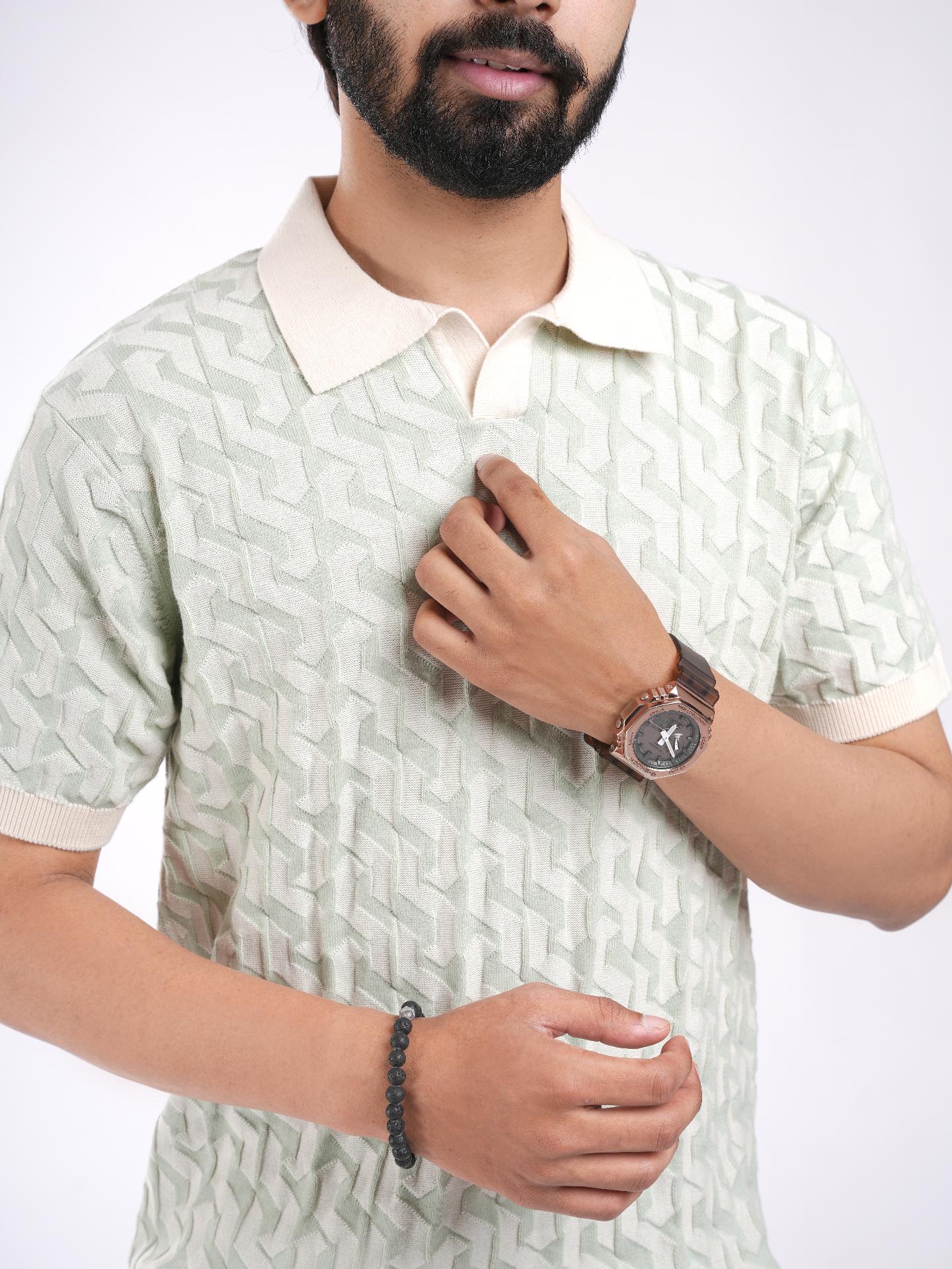 Mint Green Textured Knitted Polo T-Shirt