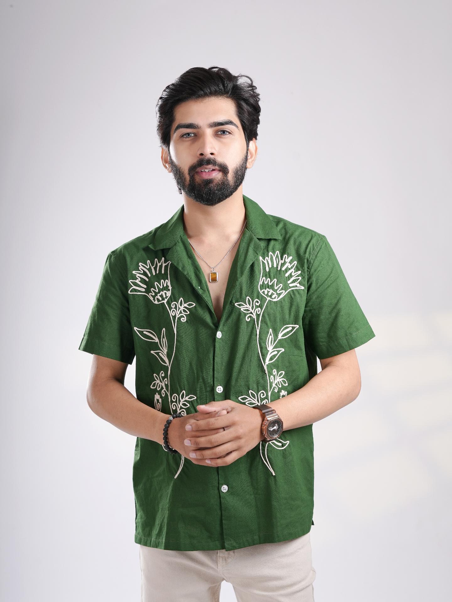 Green Cuban Floral Embroidered Shirt
