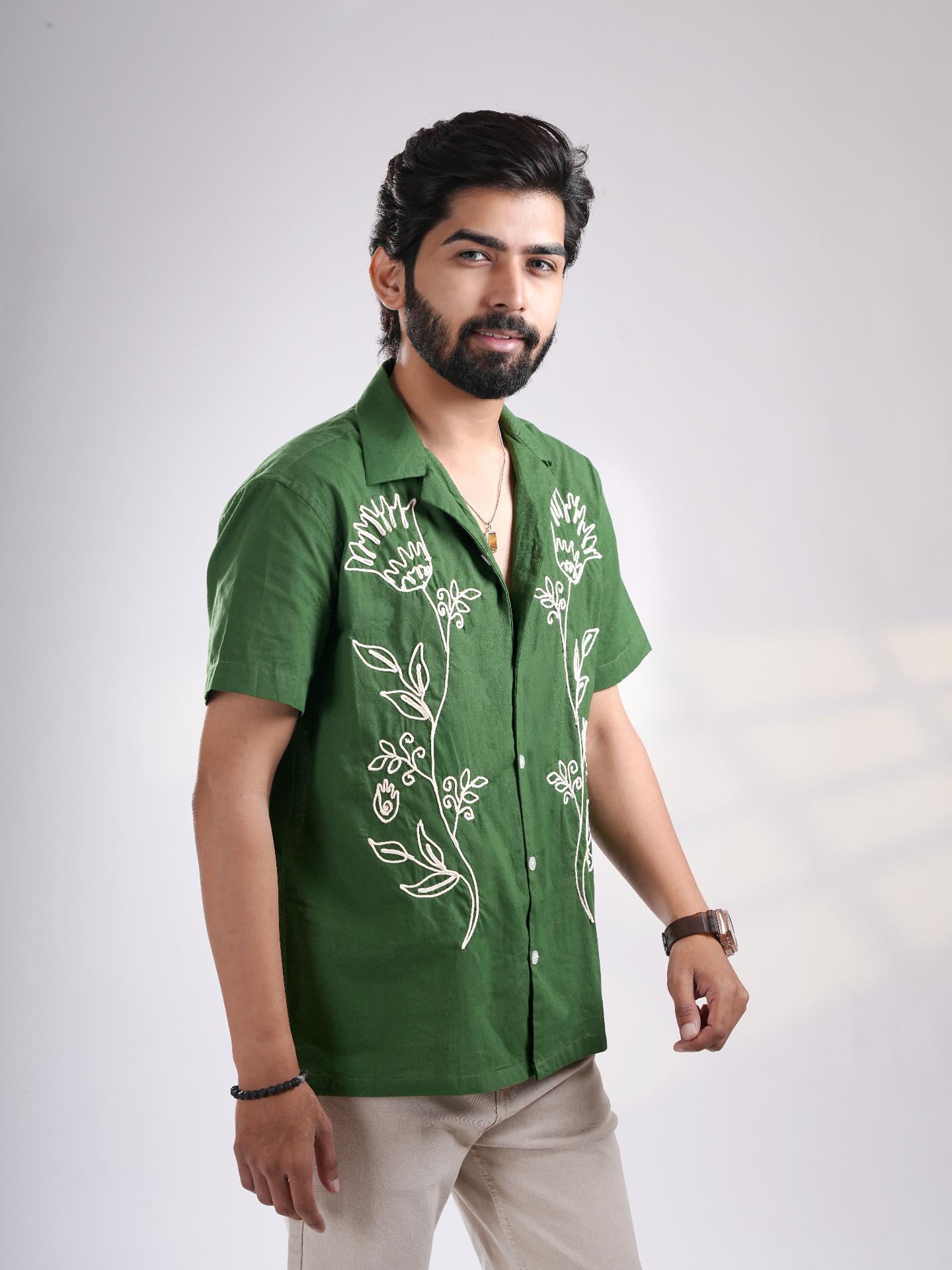 Green Cuban Floral Embroidered Shirt
