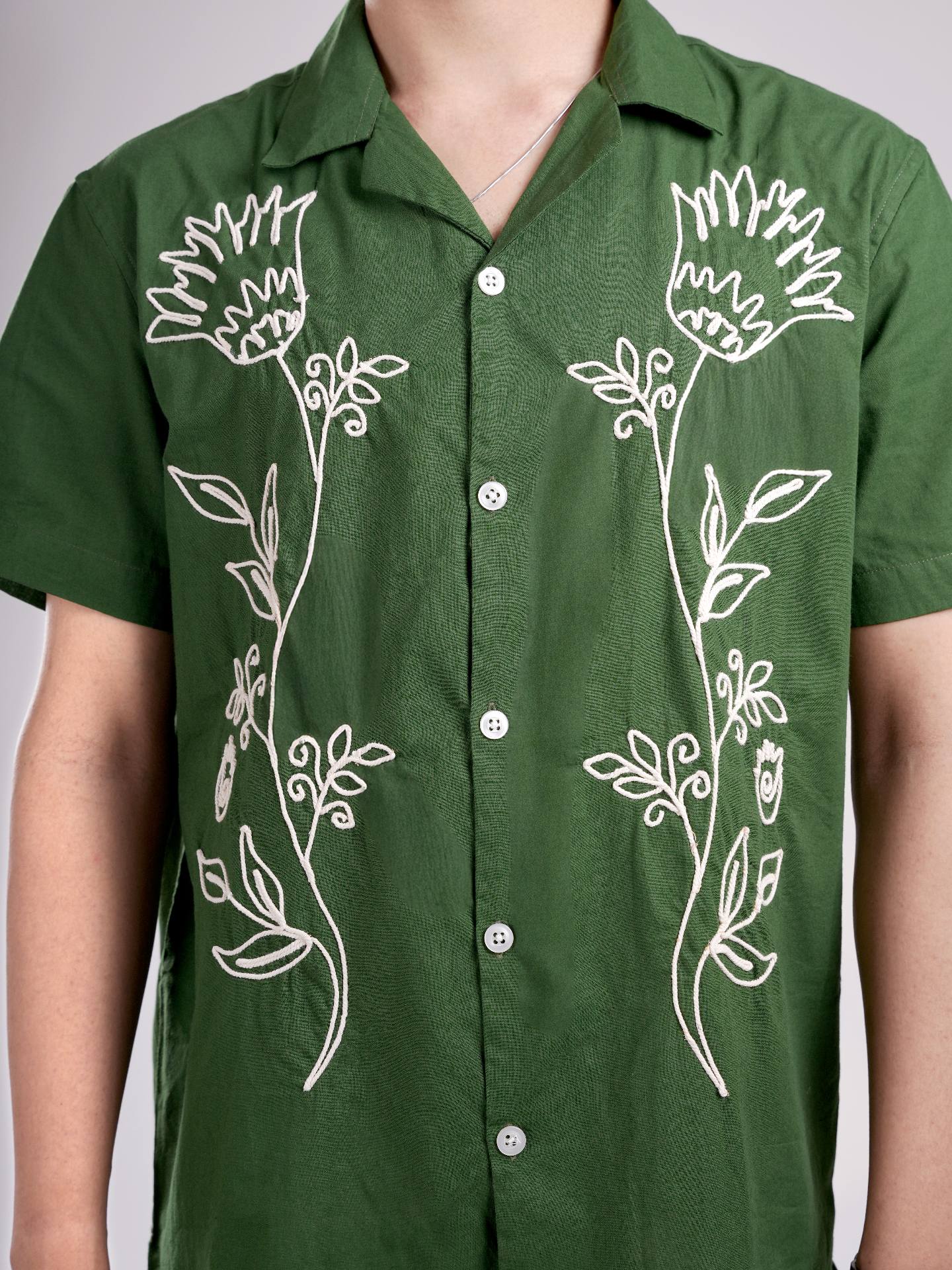 Green Cuban Floral Embroidered Shirt