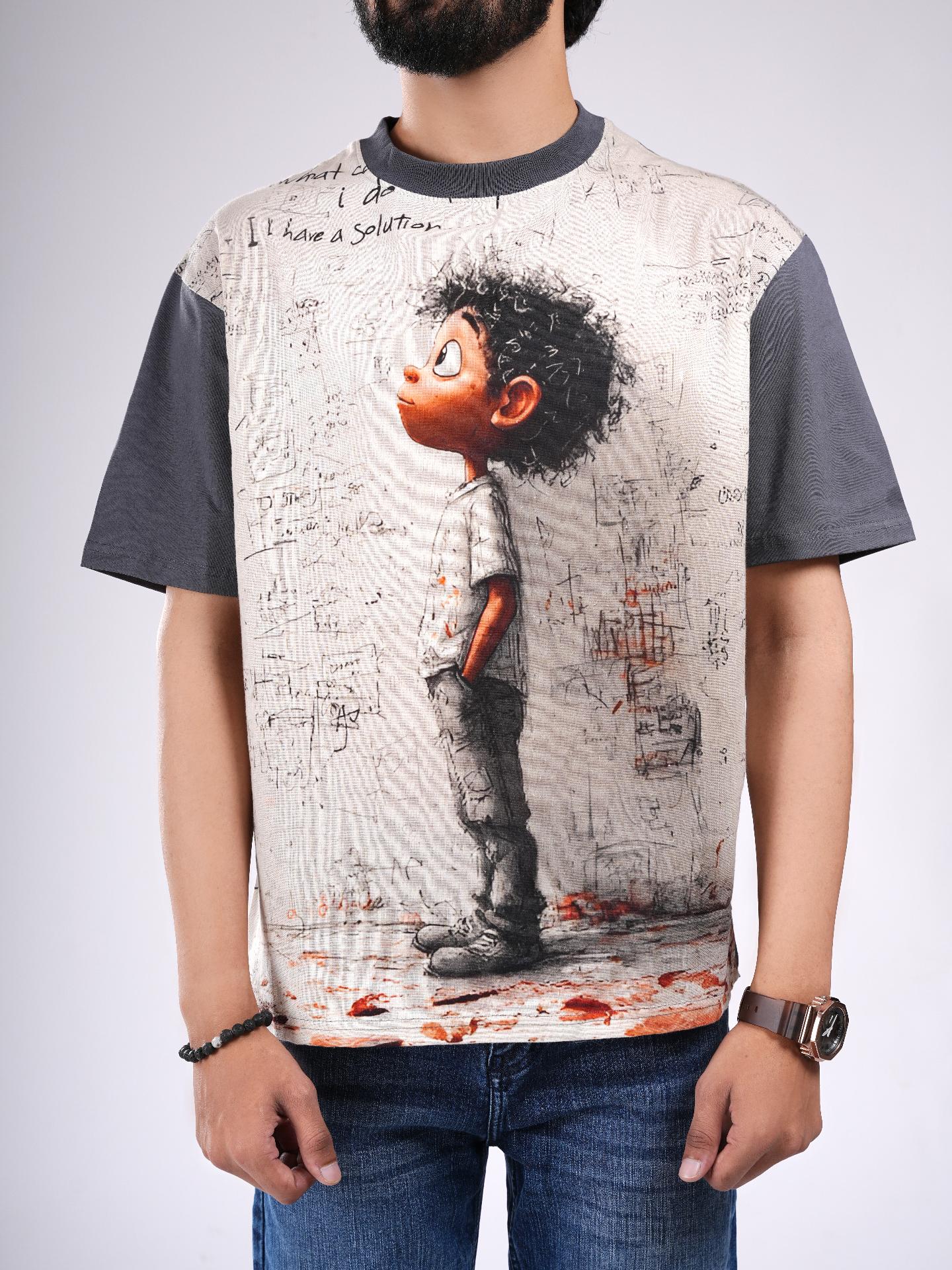 Grey & Beige Organic Cotton Art Graphic T-Shirt