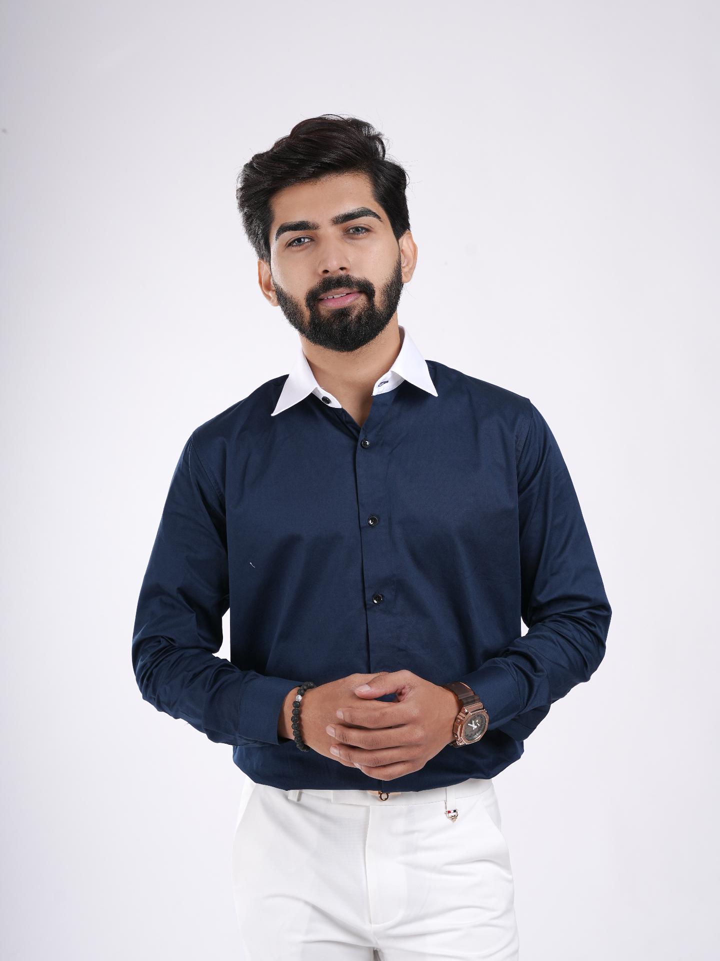 Navy Blue Contrast Collar Cotton Shirt