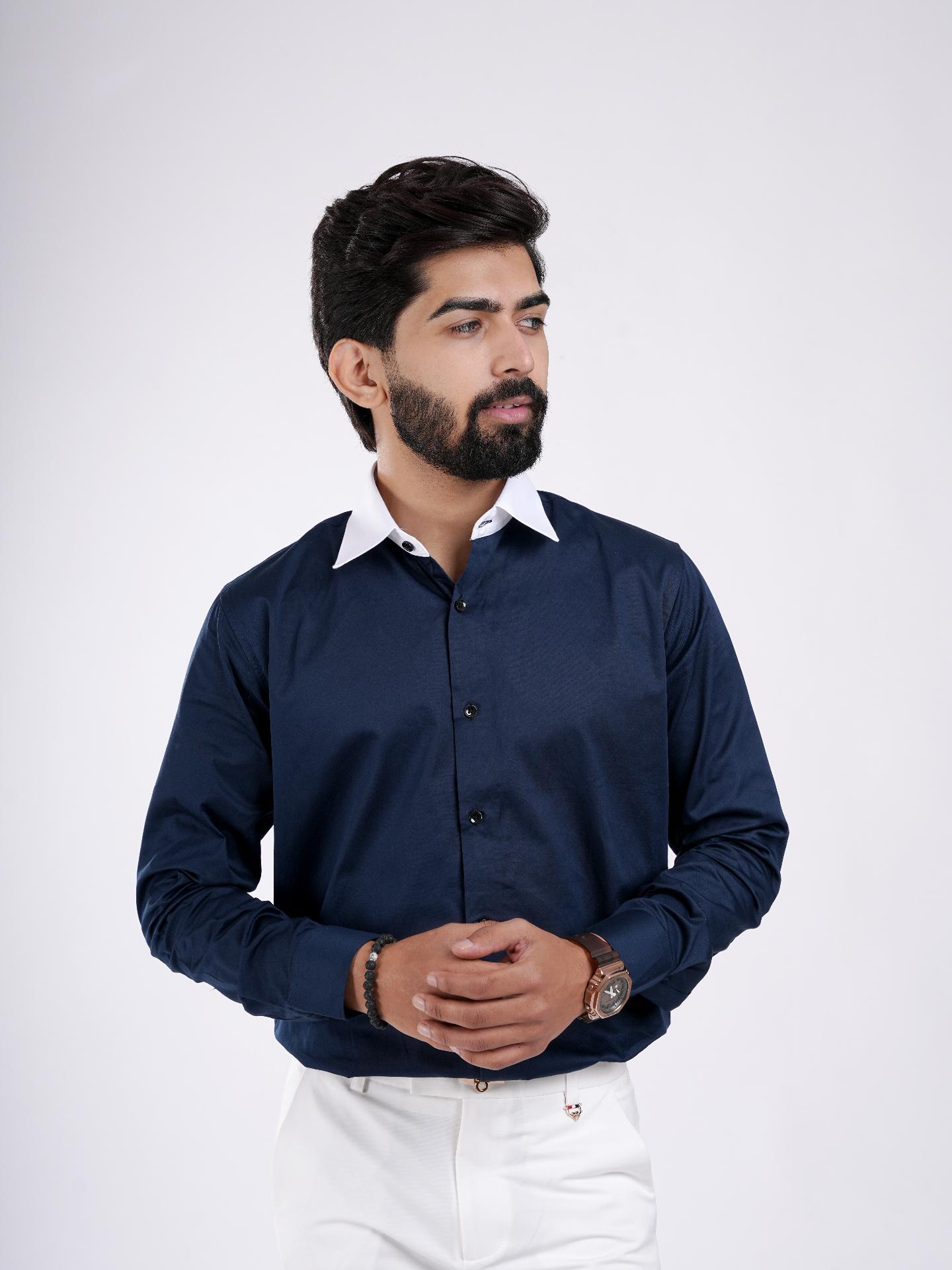 Navy Blue Contrast Collar Cotton Shirt