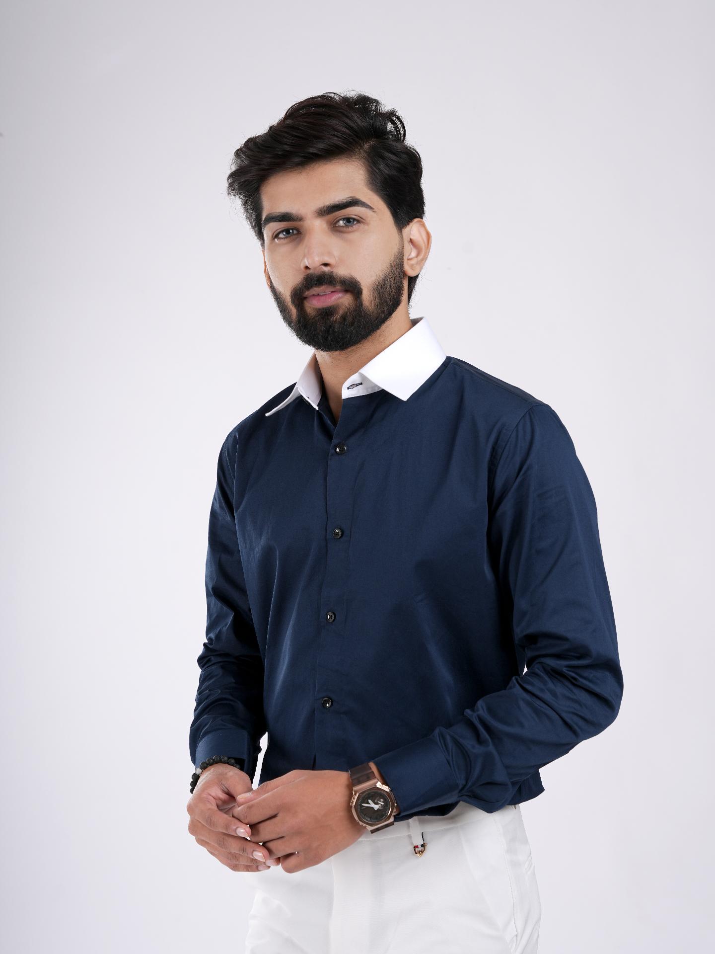 Navy Blue Contrast Collar Cotton Shirt