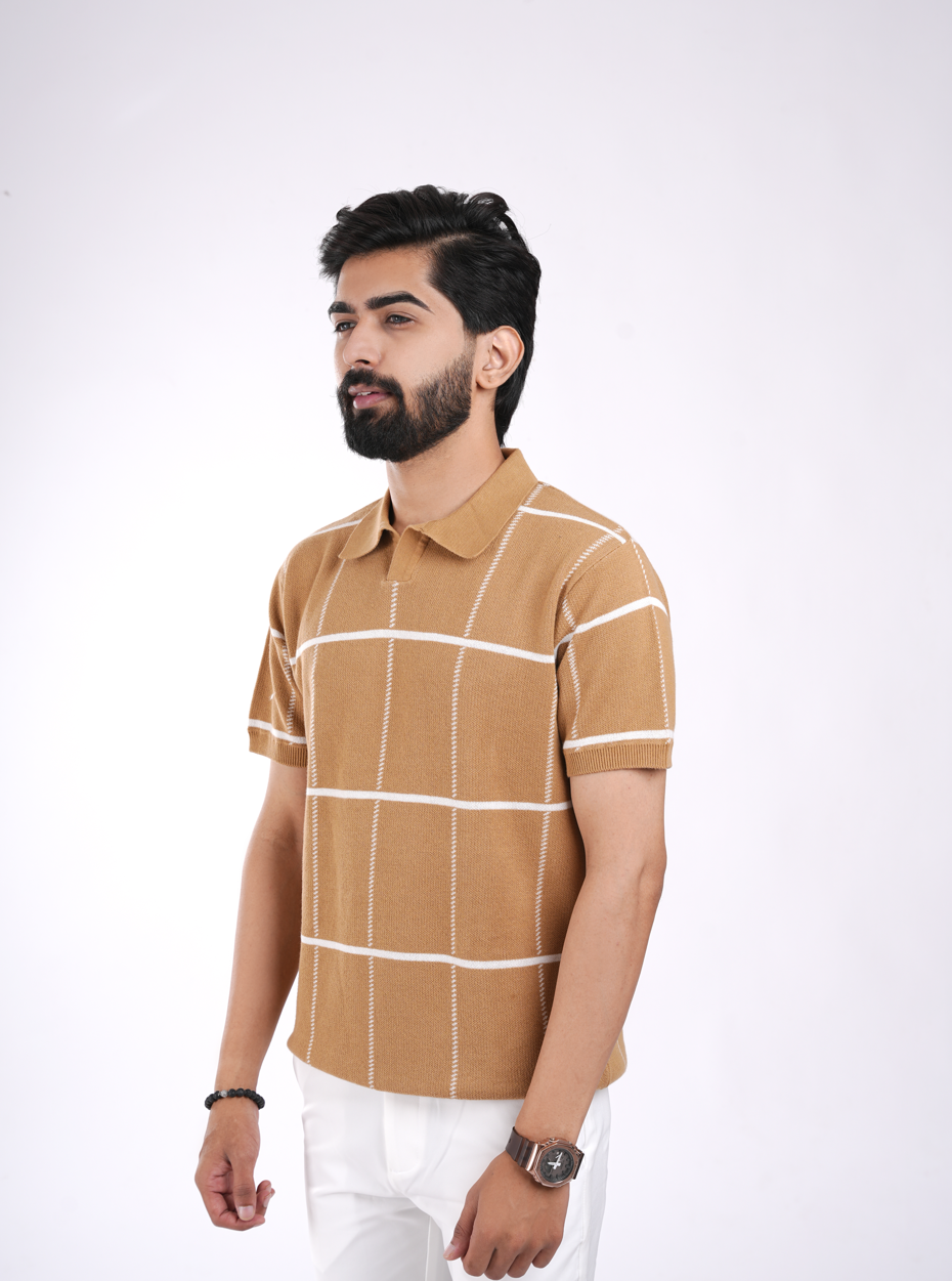 Camel Brown Knitted Check Polo T-Shirt