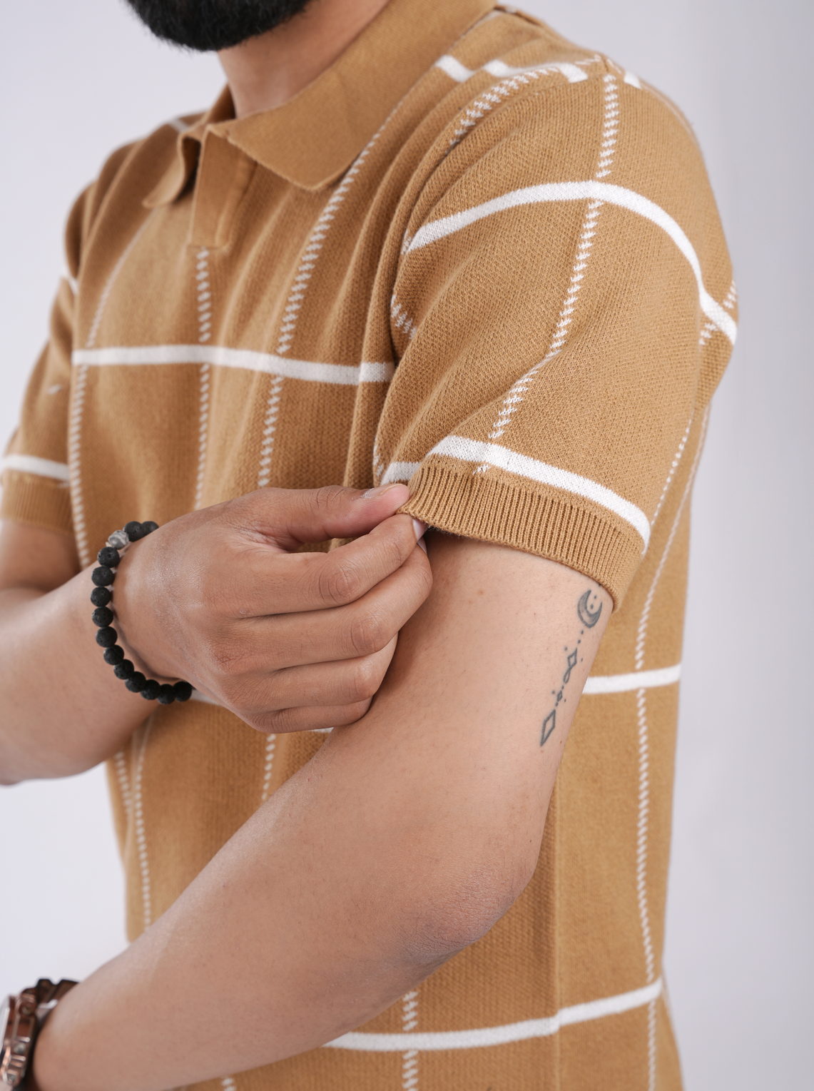 Camel Brown Knitted Check Polo T-Shirt