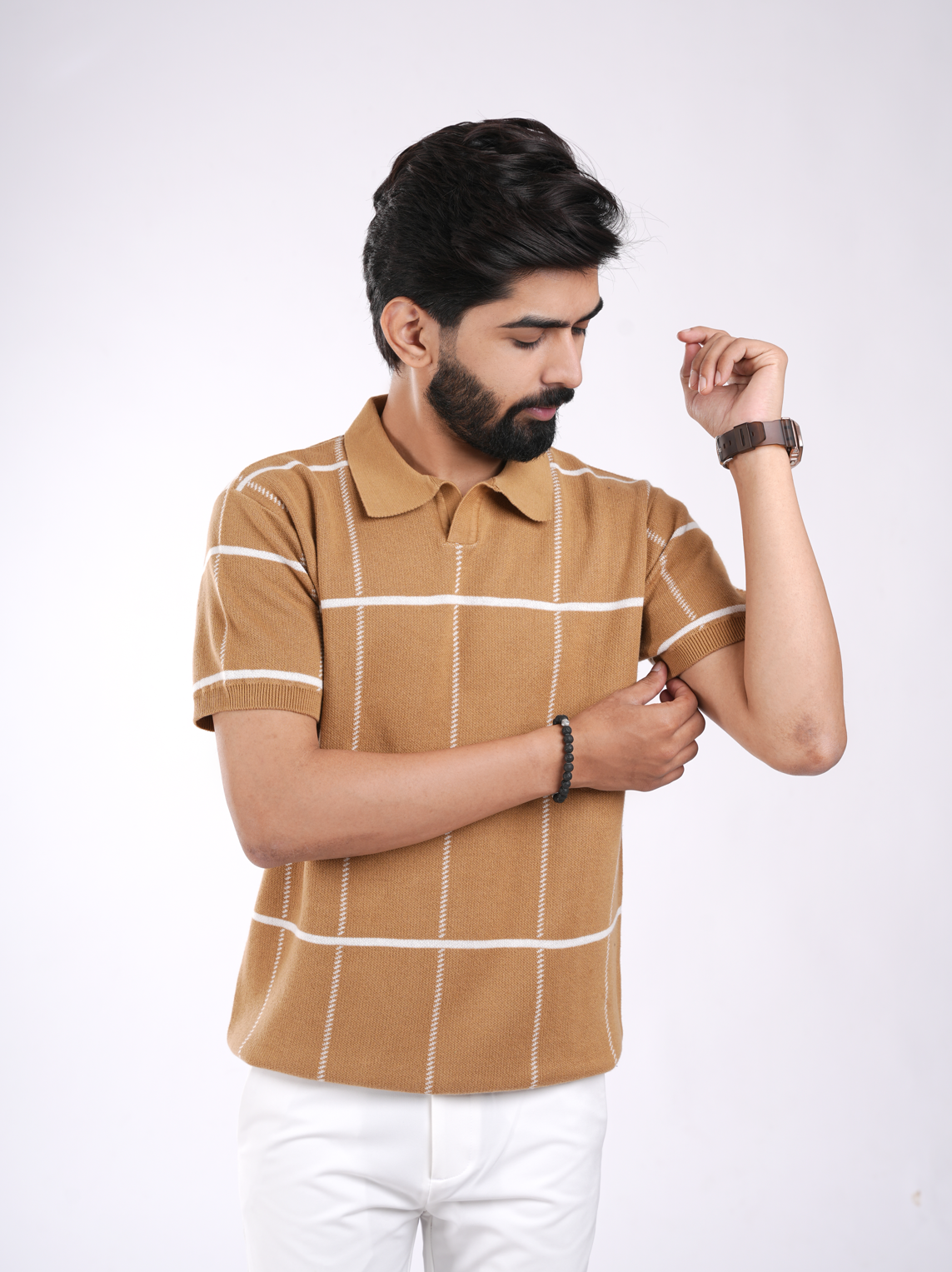 Camel Brown Knitted Check Polo T-Shirt