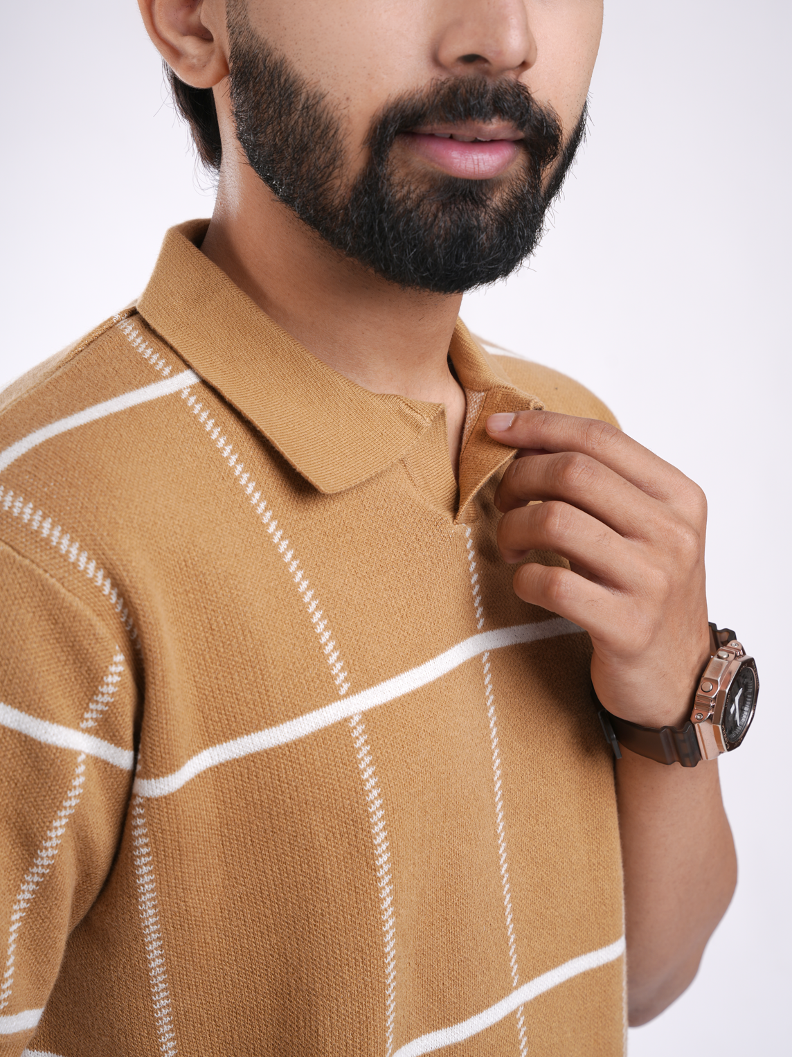 Camel Brown Knitted Check Polo T-Shirt