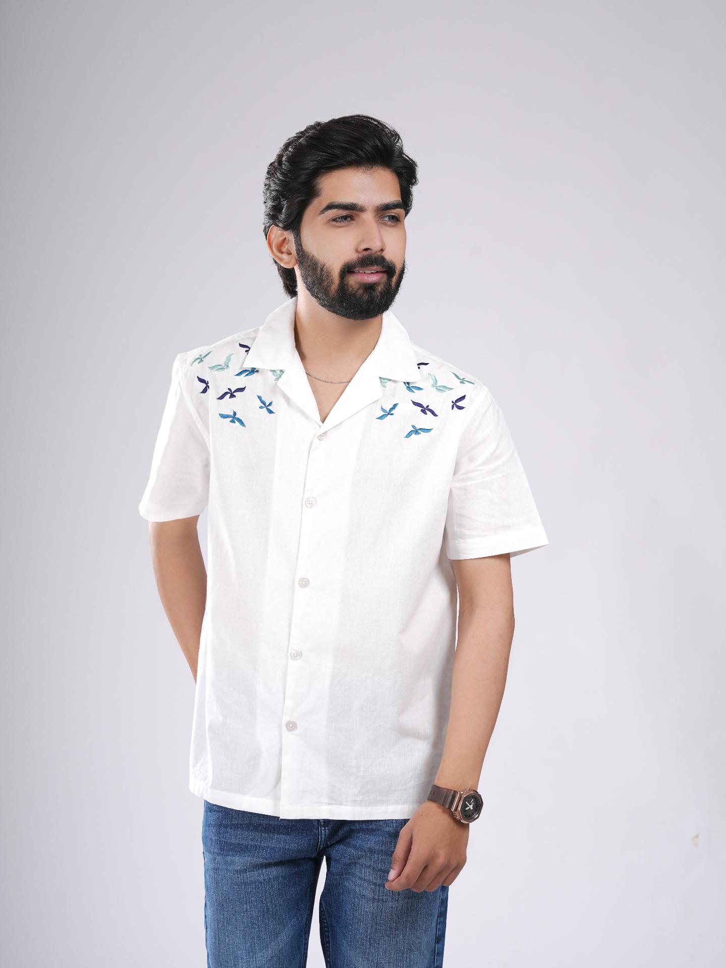 White Cuban Bird Embroidered Shirt