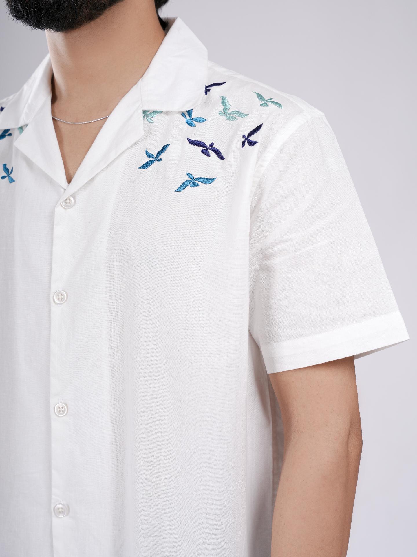 White Cuban Bird Embroidered Shirt